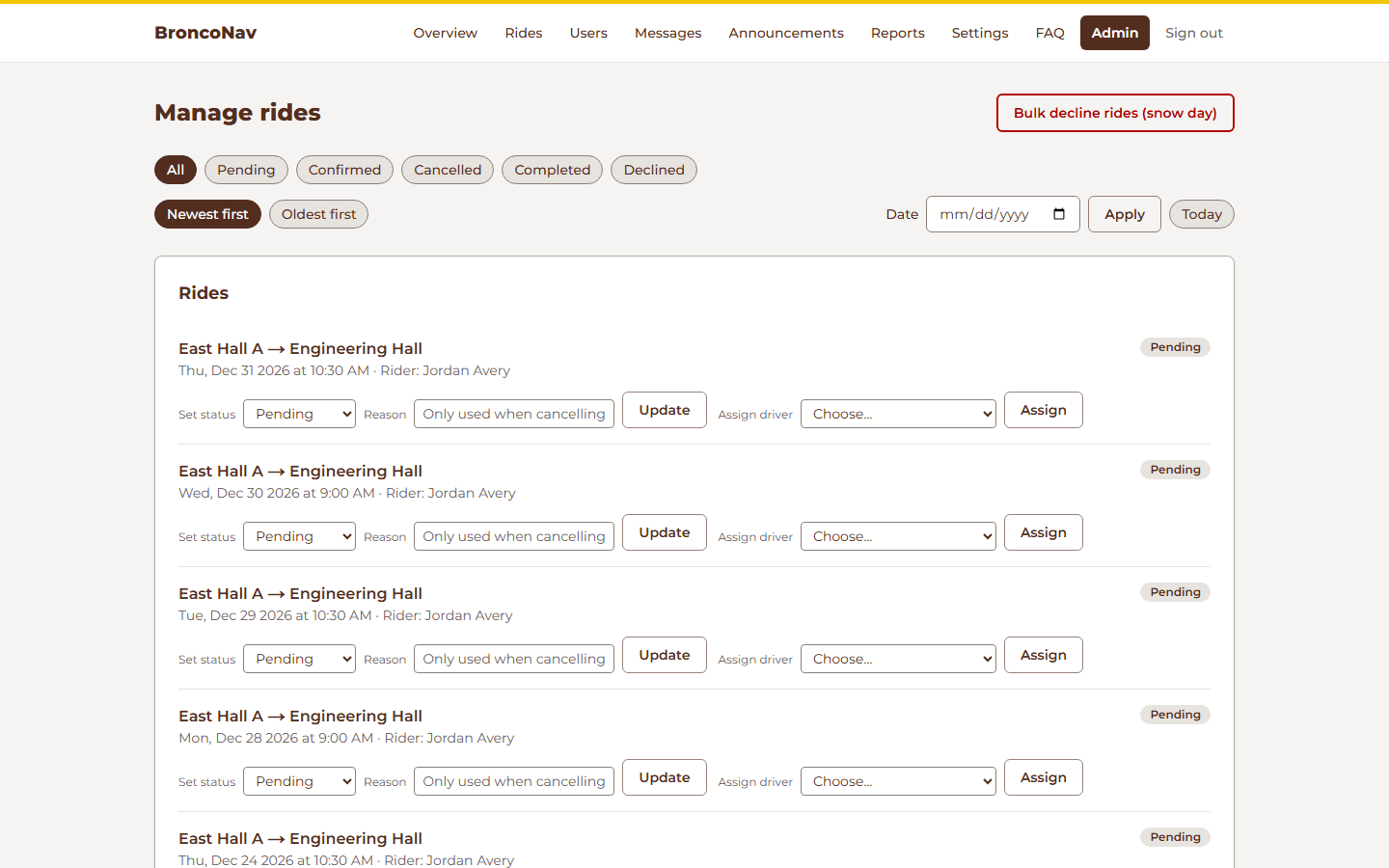 BroncoNav screenshot: Admin Dispatch